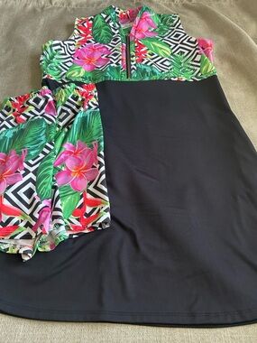 Allie Burke Tropical Floral Golf Sport Dress with Matching Shorts - Black & Pink